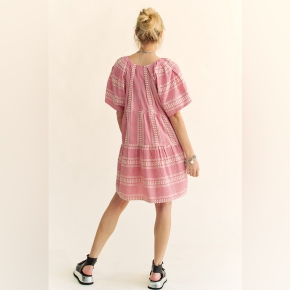 🟠 94B. Embroidered Stripe Detail Gingham Mini Dress - Red - Picture 6 of 13